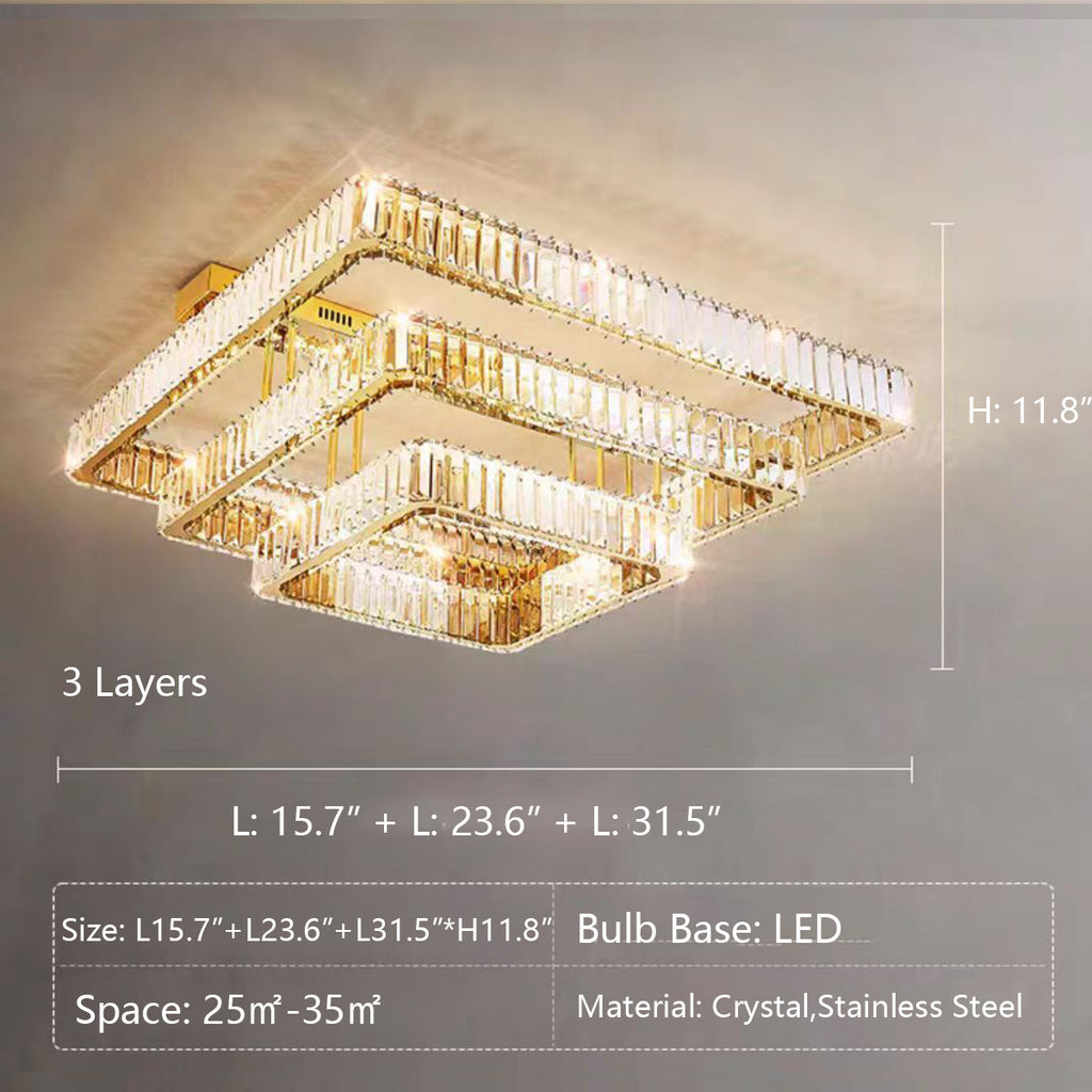 3Layers: L15.7"+L23.6"+L31.5*H11.8"  Modern Luxury Multi-layer Square Crystal Flush Mount Pendant Chandelier for Living Room/Bedroom  Dining room, light luxury