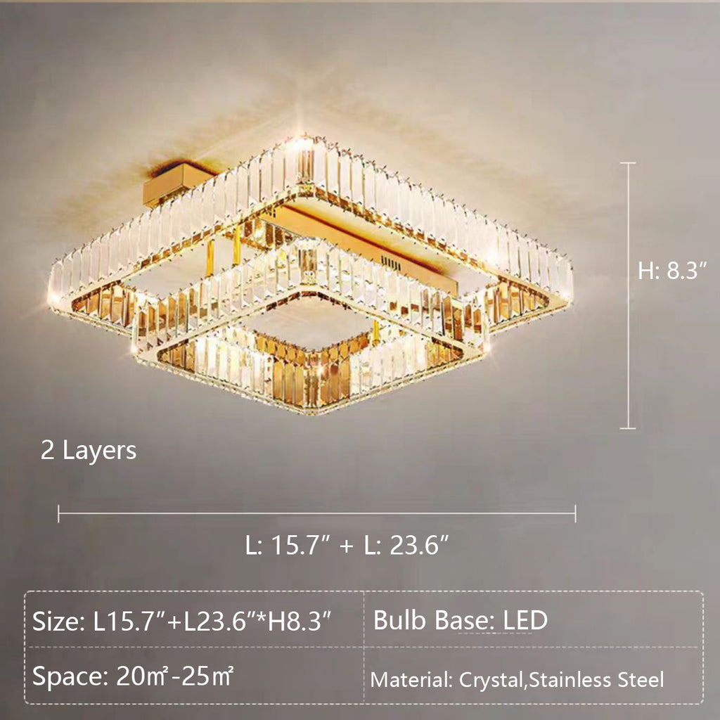 2Layers: L15.7"+L23.6"*H8.3"  Modern Luxury Multi-layer Square Crystal Flush Mount Pendant Chandelier for Living Room/Bedroom  Dining room, light luxury