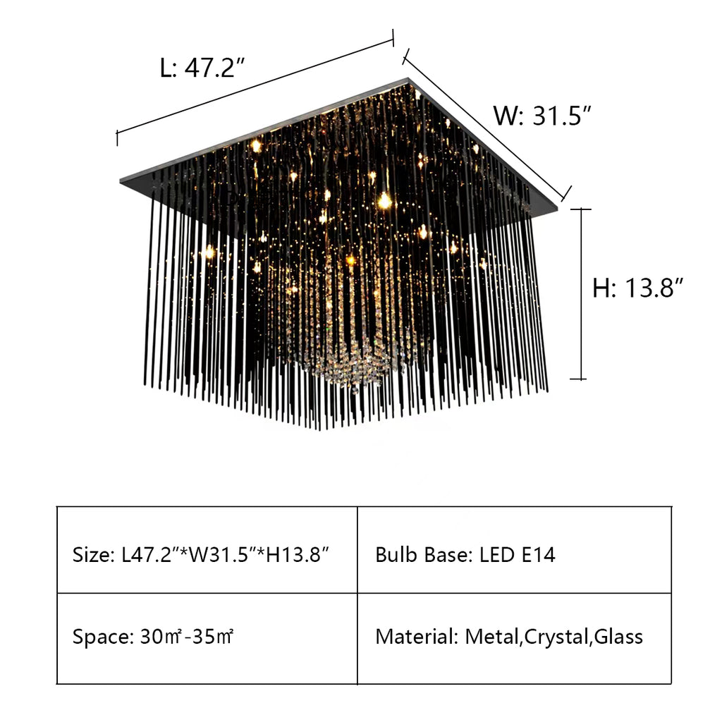 Rectangle: L47.2"*W31.5"*H13.8" Modern Black Glass Tassel Crystal Pendant Flush Mount Chandelier for Living Room/Bedroom  square, rectangle