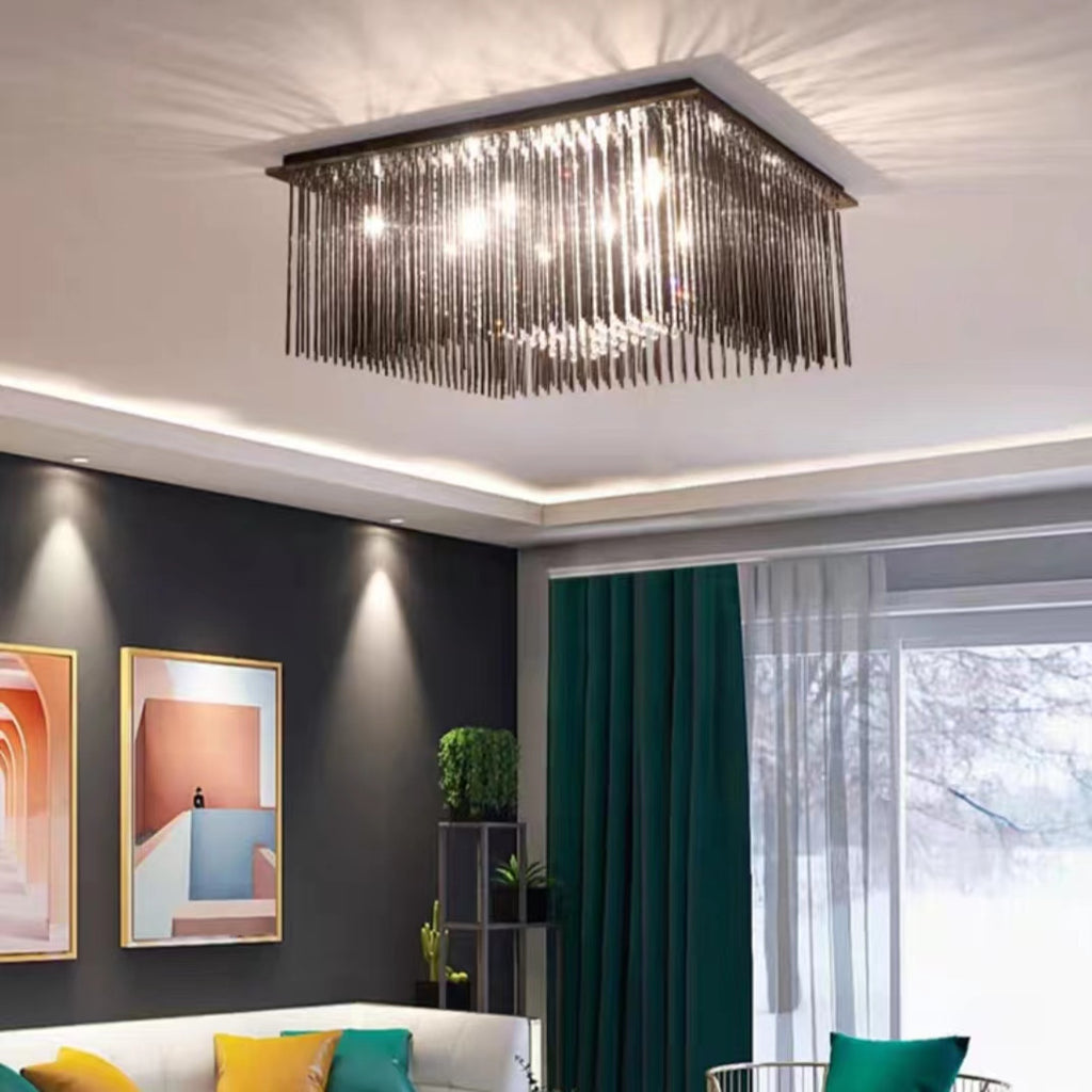 Modern Black Glass Tassel Crystal Pendant Flush Mount Chandelier for Living Room/Bedroom  square, rectangle