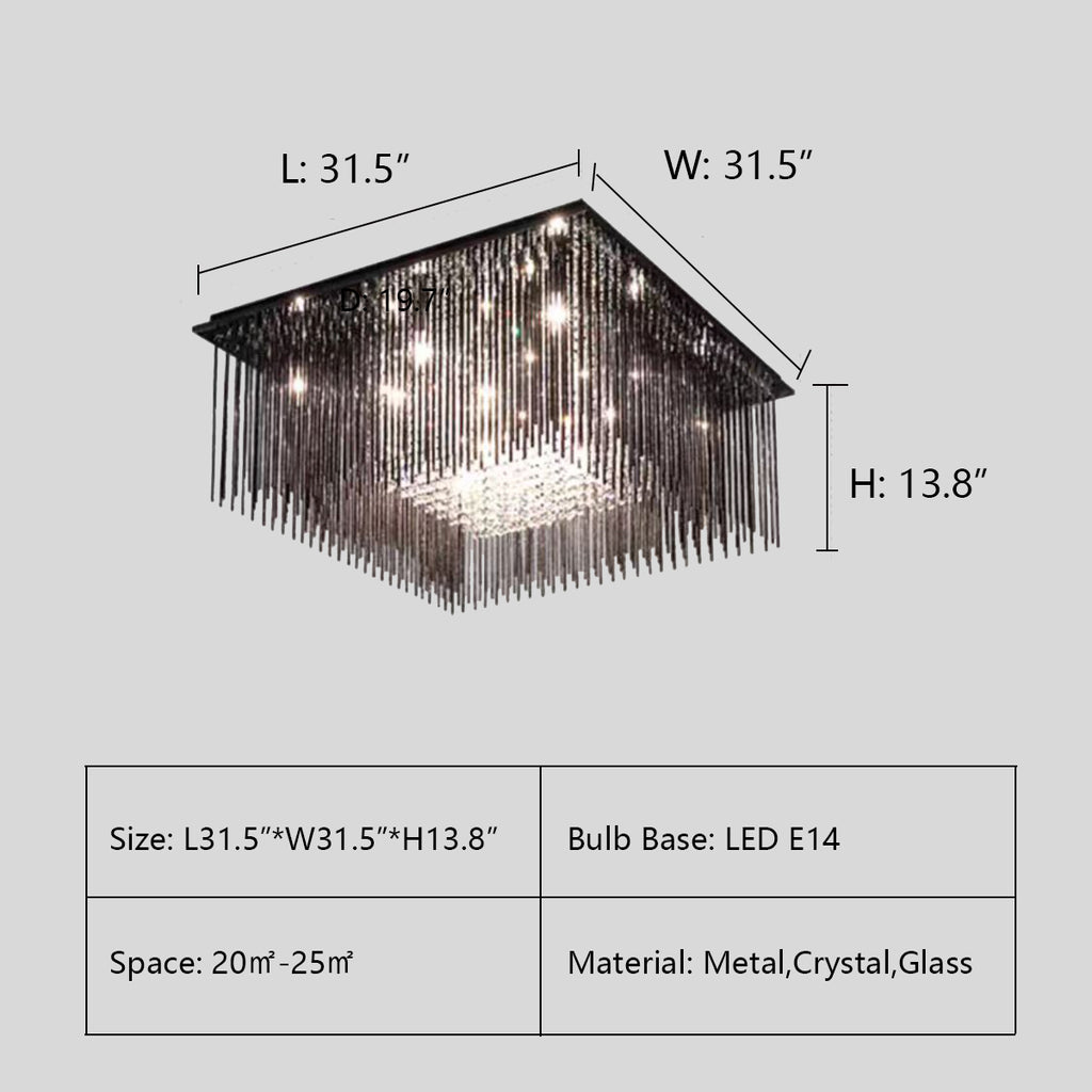 Square: L31.5"*W31.5"*H13.8"  Modern Black Glass Tassel Crystal Pendant Flush Mount Chandelier for Living Room/Bedroom  square, rectangle 