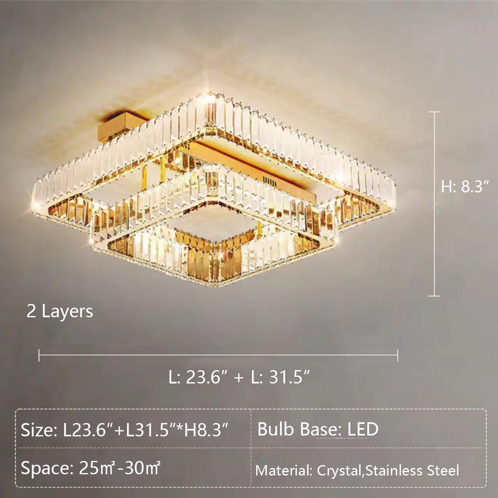 2Layers: L23.6"+L31.5"*H8.3"  Modern Luxury Multi-layer Square Crystal Flush Mount Pendant Chandelier for Living Room/Bedroom  Dining room, light luxury