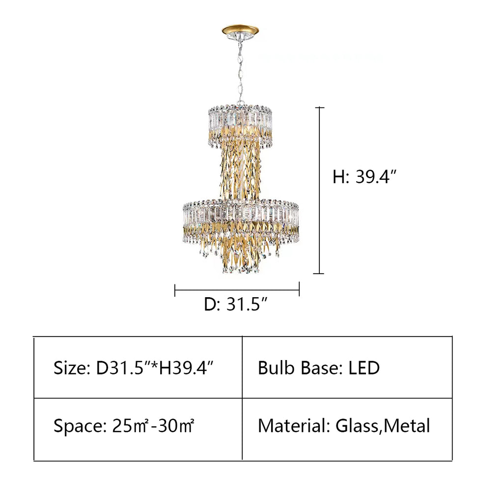 D31.5"*H39.4"  Modern Luxury 2 Layers Crystal Rod Gold Leaves Pendant Light for Living Room/Bedroom