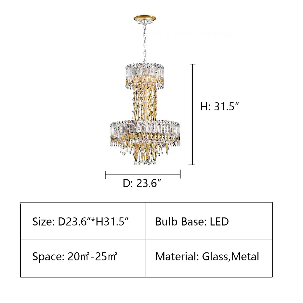 D23.6"*H31.5"  Modern Luxury 2 Layers Crystal Rod Gold Leaves Pendant Light for Living Room/Bedroom