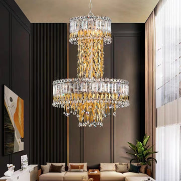 Modern Luxury 2 Layers Crystal Rod Gold Leaves Pendant Light for Living Room/Bedroom 