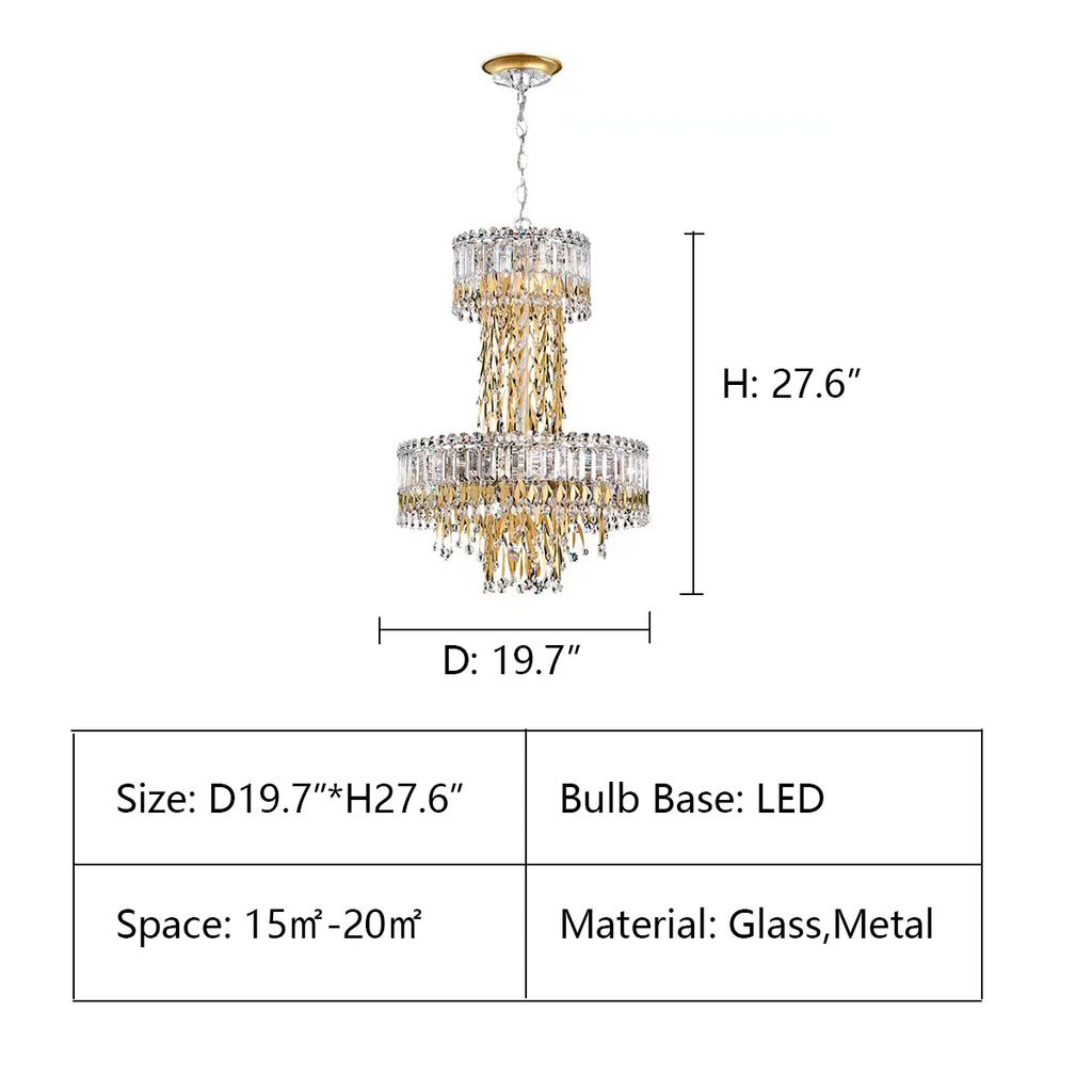 D19.7"*H27.6"  Modern Luxury 2 Layers Crystal Rod Gold Leaves Pendant Light for Living Room/Bedroom