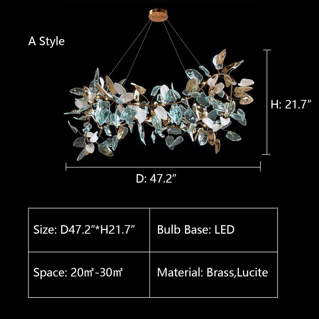 A Style: D47.2"*H21.7" Extra Large Branch Colorful Lucite Leaf Cluster Chandelier for Living/Dining Room  Brass,Lucite  oversized