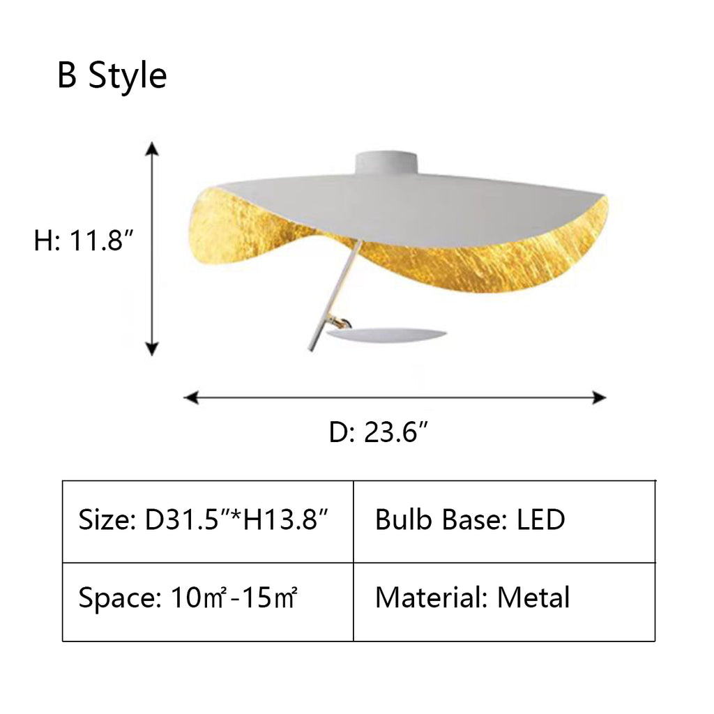 B Style: D23.6"*H11.8"  Modern Art Hat Shape Gold Curled Leaf Pendant Chandelier for Living/Dining Room  Metal  black, white