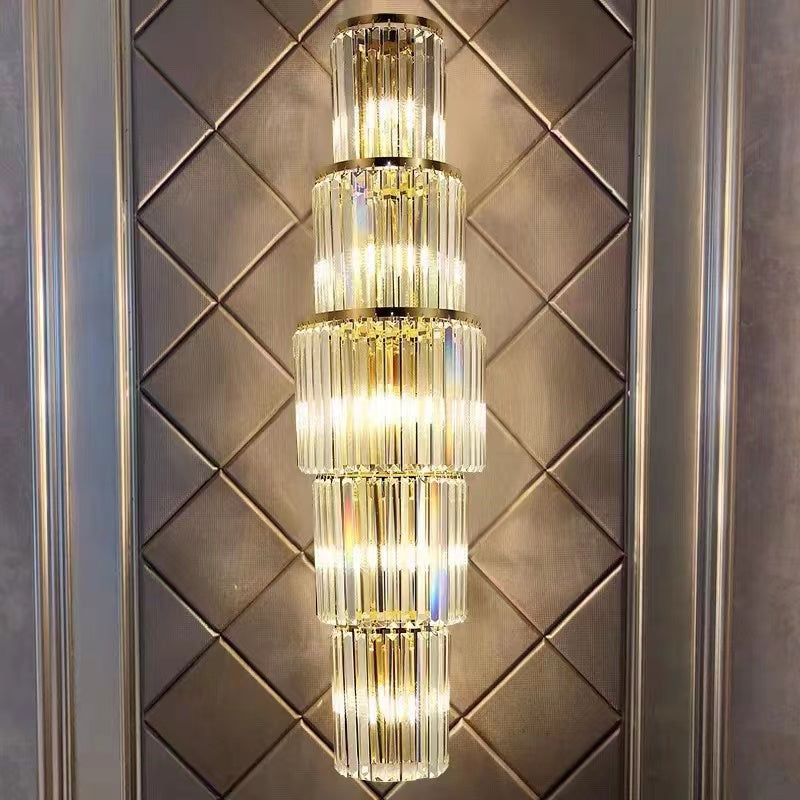 Modern Luxury Long Tiered Crystal Wall Light in Gold Finish for Living Room/Hallway  Stainless Steel Oversized, extra large, long