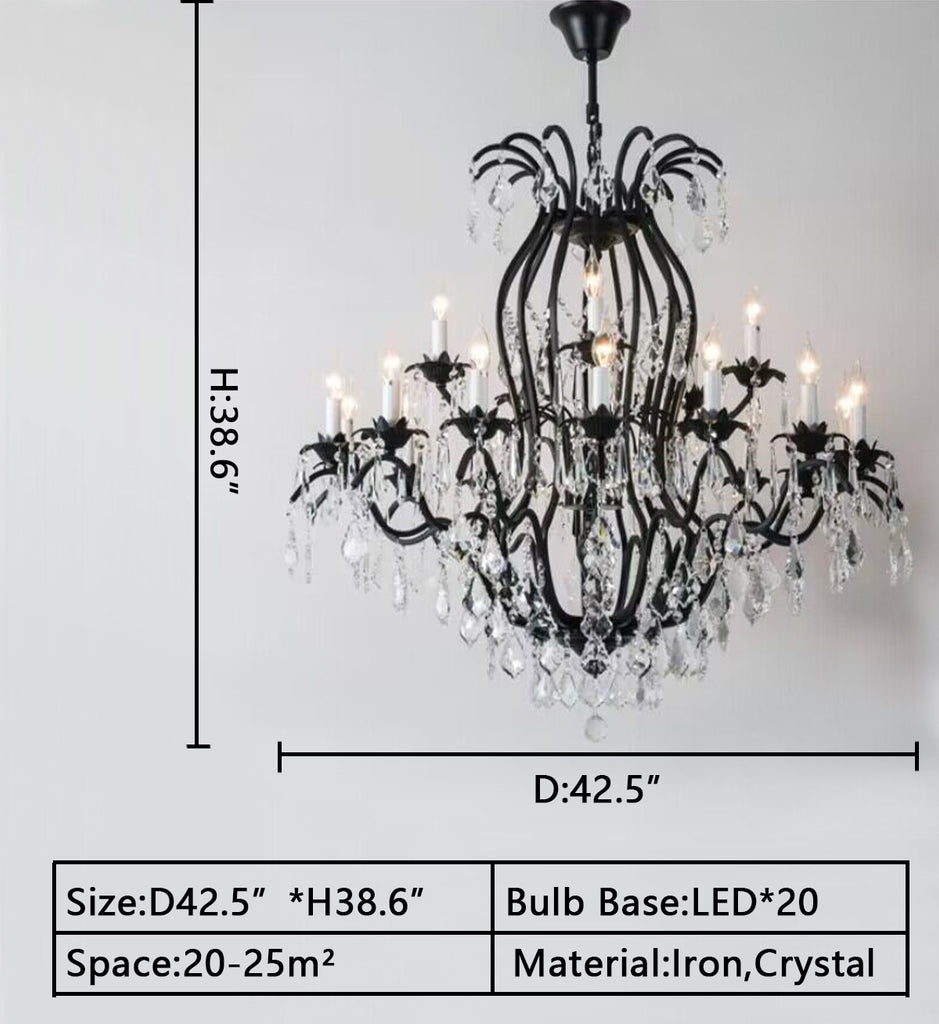 D42.5INCHES Extra large/oversized two-layers/tiered candle iron crystal chandelier for living room/foyer decor black/gold crystal light vintage light fixture