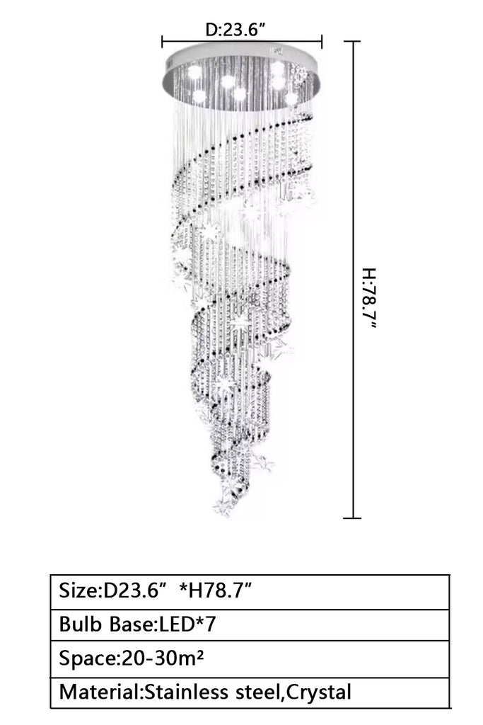 d23.6"*h78.7" extra long Extra large ceiling sprial staircase crystal chandelier long light fixture for Duplex Building, High-rise Building, Villa Hallyway/Living room/Stairwell/Lobby/Entryway