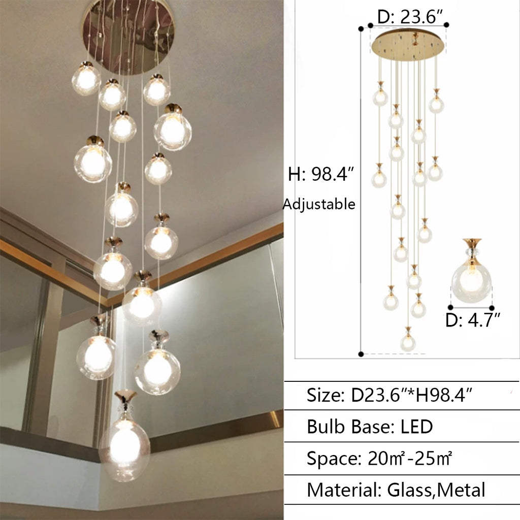 15LIGHTS D23.6"*H98.4" Modern Nordic Ceiling Long LED Glass multi-lights Bulb chandelier pendant light for 2-story/duplex buildings staircase/entryway/foyer/hotel shopping mall
