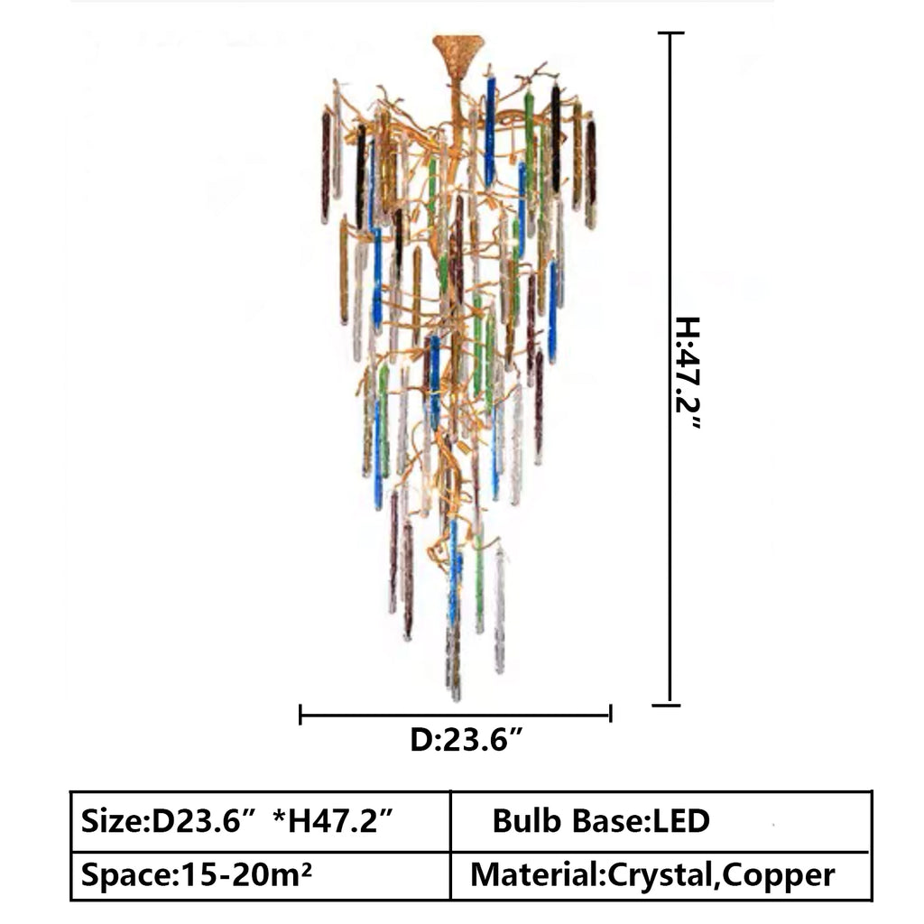 D23.6"*H47.2" Extra large/oversized colorful crystal  chandelier long branch copper light fixture for 2-story/duplex buildings staircase/foyer/hallway