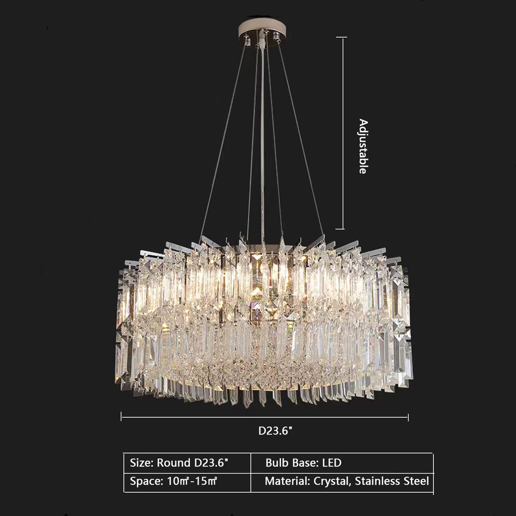 Round: D23.6"  light luxury, modern, round, rectangle, crystal, stainless steel, drum, pendant, chandelier, dining table, bedroom, living room