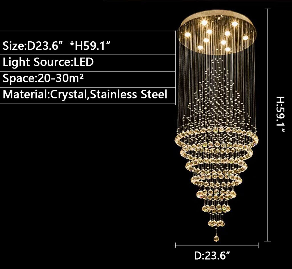 D23.6"*H59.1" extra large/oversize multi-tier ring golden chandelier light,modern crystal chandelier for living room/dining room/staircase/halllway/foyer villas,high floor,loft,duplex buildings.coffee shop, cafe,restaurant,shopping mall center.