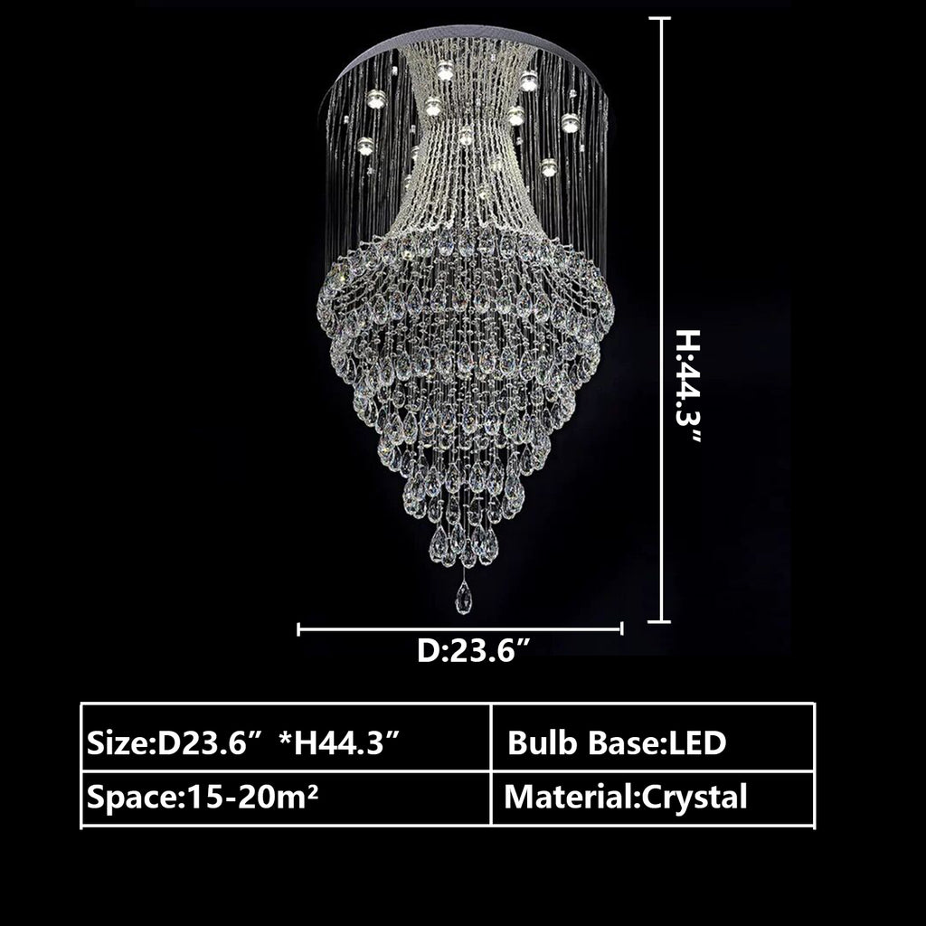 D23.6"*H44.3" eXTRA LARGE/huge long ceiling staircase crystal chandelier silver/chrome ring/round flush mount crystal chandelier multi-layers/tiered crystal light fixture for large foyer/entryway/hallway/hotel lobby/coffee shop/bar