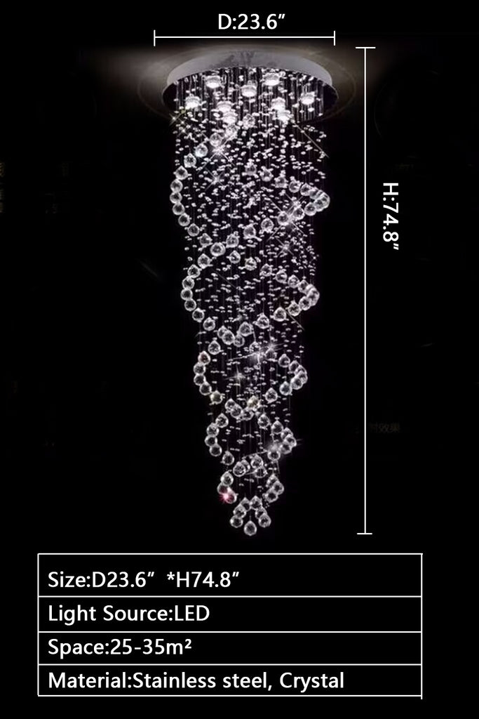 d23.6"*h74.8" super long Modern Double Sprial Long Crystal Staircase Chandelier Ceiling Foyer/Entryway/Living room Light Fixture.Extra large flush mount/ceiling crystal chandelier.for villa/duplex building/high floor/loft 's living room/dining room/stairwell/entrance/hallyway/hotel lobby.entertainment venue hal