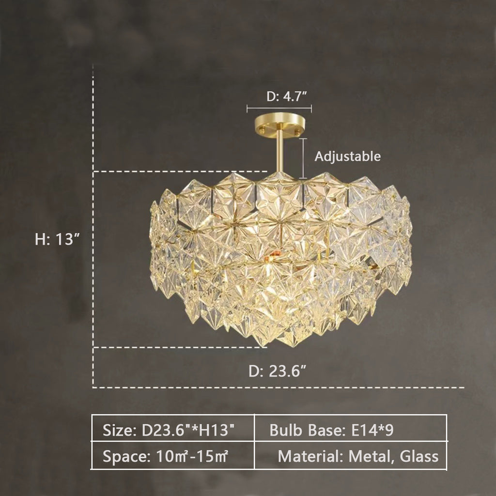 D23.6"*H13"  gold, glass, metal, facet, tiered, modern, round, hexagonal,  pendant, chandelier, bedroom, living room, round dining table