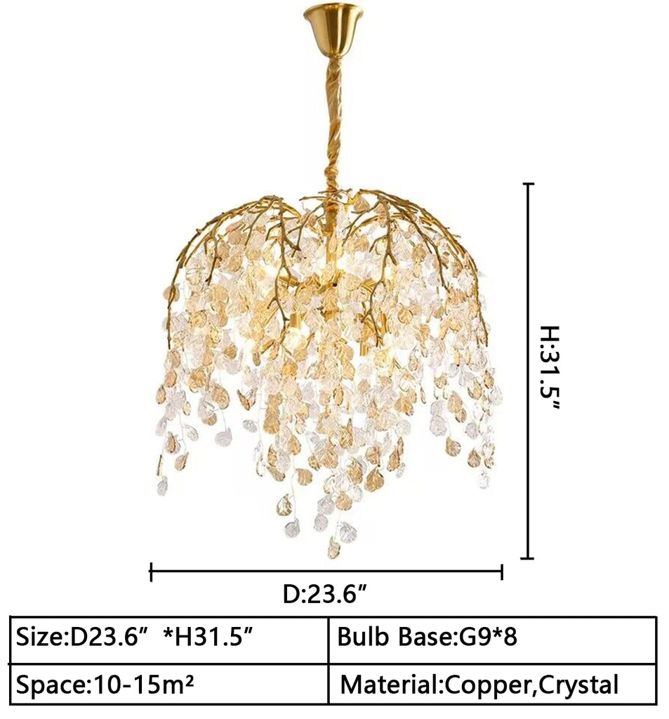 D23.6"*H31.5" modern branch golden art copper crystal chandelier light luxury American leaf for living room/dining room/bedroom/dining table/coffee table/entryway /foyer/backyard/dorm room/ front porch /girl room/front door/tiny house/apartment/villa hall.