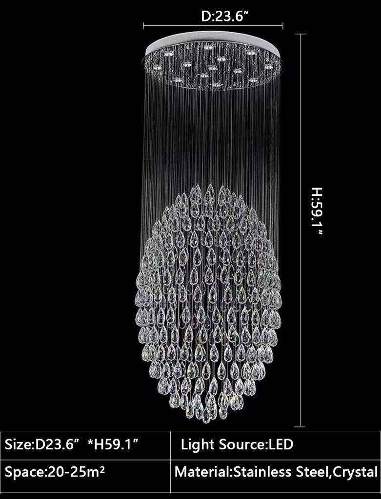 D23.6"*H59.1" Oversized/extra large round/ball/raindrop ceiling/flush mount crystal chandelier modern luxury light for villas/duplex/loft/high floor living room/dining room/staircase/foyer/entryway and hotel lobby/hall,shopping mall center,coffee shop/cafe/bar/restaurant