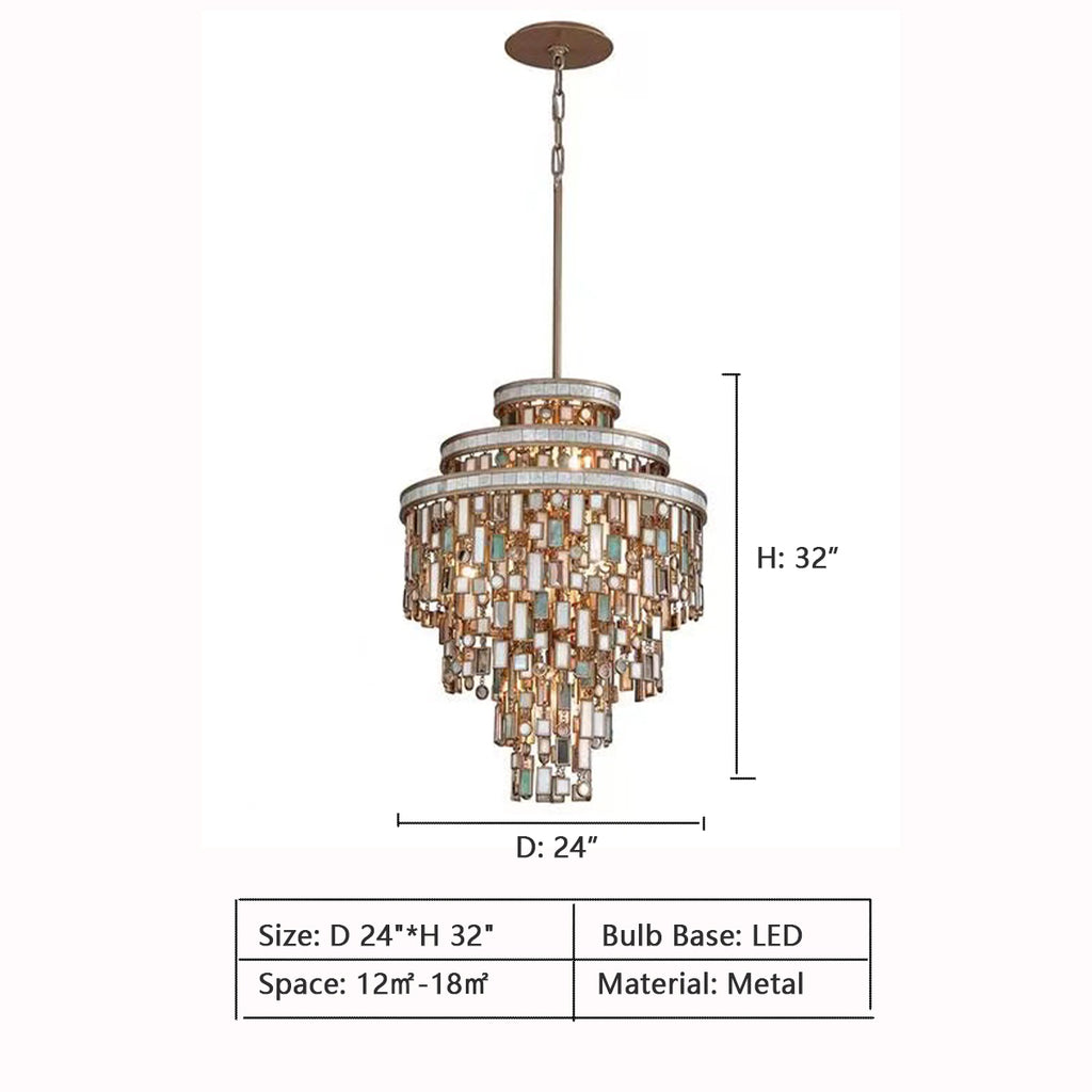 D 24"*H 32"  CORBETT LIGHTING DOLCETTI THREE LIGHT SEMI FLUSH MOUNT 142-33, Corbett Lighting 142-33 DOLCETTI Semi Flush, 18"W x 16.75"H, tiered, colorful glass, gothic cathedurals, great windows, mid-century