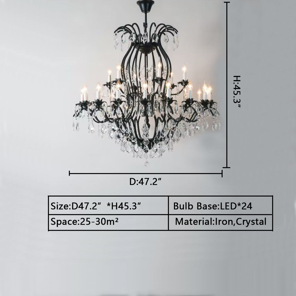 D47.2 INCHES Extra large/oversized two-layers/tiered candle iron crystal chandelier for living room/foyer decor black/gold crystal light vintage light fixture