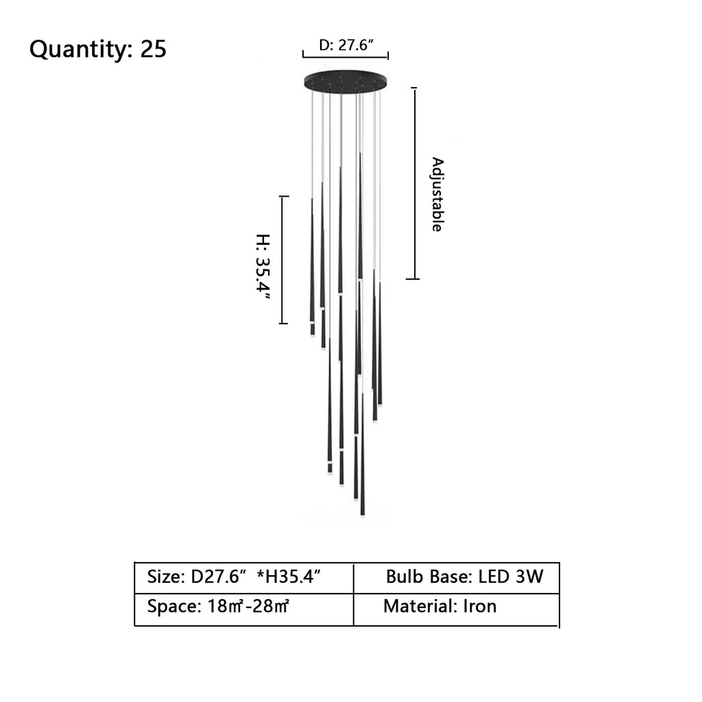 25Heads: D27.6"*H35.4"  modern, black, iron, straight, long cone, pendant, dining table, bedroom, loft, staircase