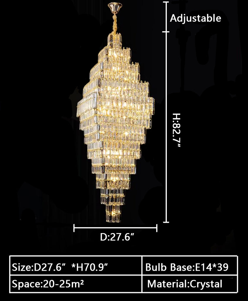 D27.6inches*H70.9inches inch Extra large/oversized rectangle gold luxury crystal chandelier multi-layers/tiered crystal light for 2-story buildings,big house,hotel,restaurant,coffee table,coffee shop,bar high-ceiling living room chandelier foyer,hallway/staircase/entryway/bedroom/study/, checkroom 、bathroom chandelier