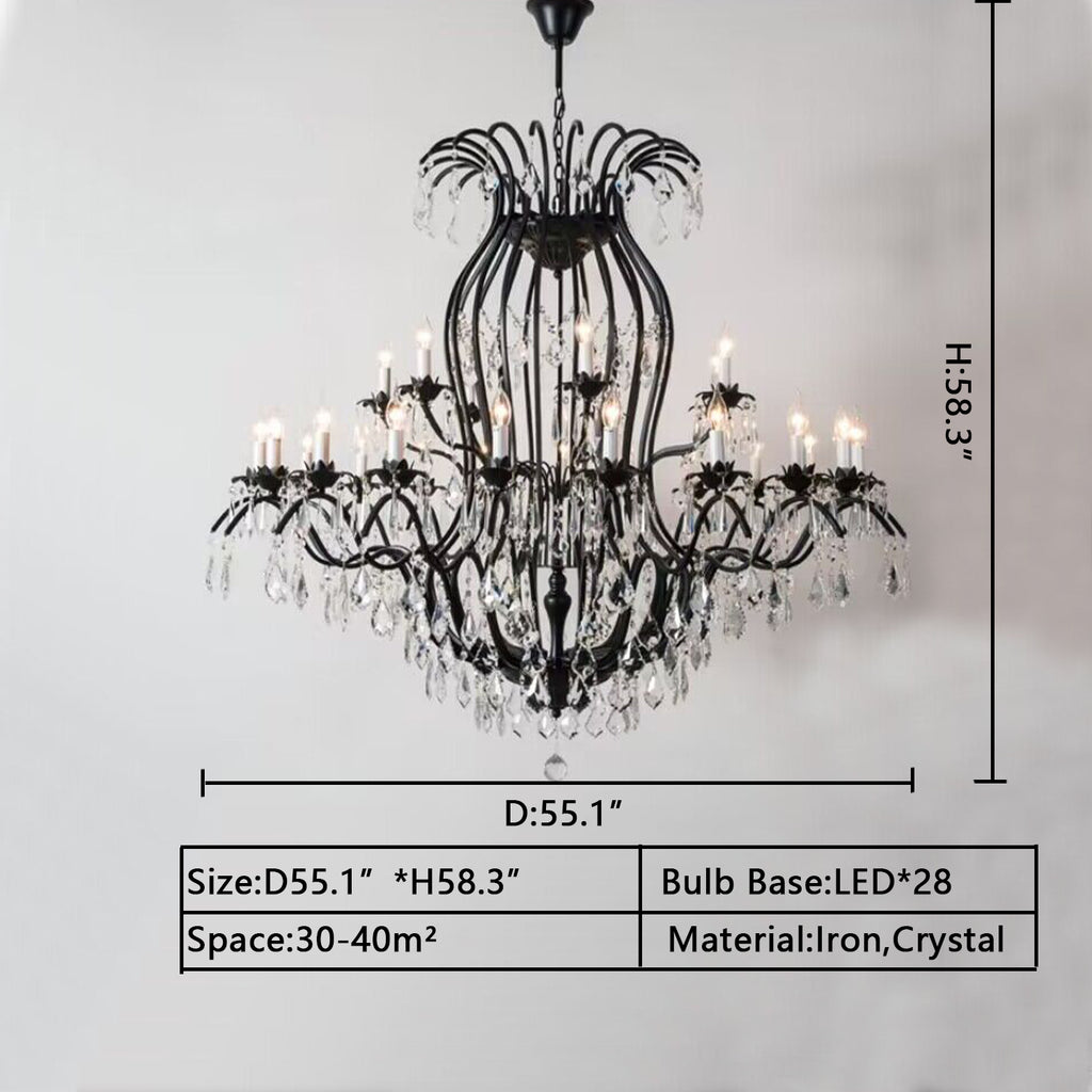 D55.1INCHES Extra large/oversized two-layers/tiered candle iron crystal chandelier for living room/foyer decor black/gold crystal light vintage light fixture