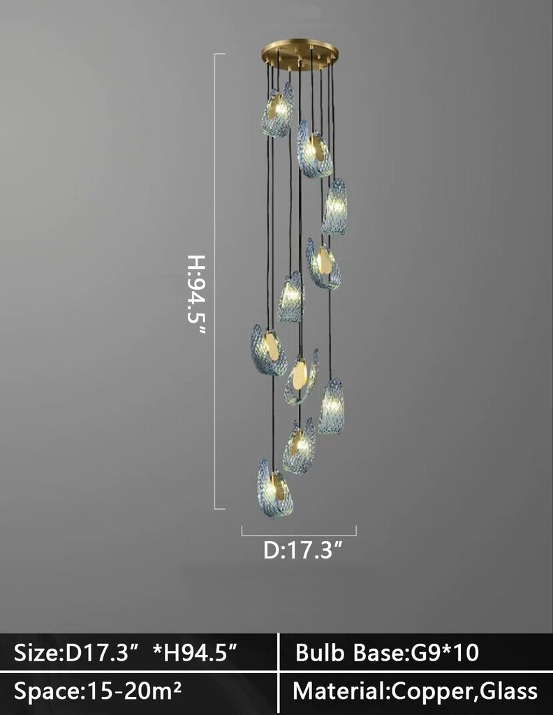 D17.3inches *H94.5INCHES Extra long 7/10/13 lights art blue chandelier copper light glass light for staircase/high-ceiling living room/foyer.2-story/loft/duplex buildings Flower Creative Bedside Pandant Chandelier Living Room Decor Background Wall Light Luxury Copper Bedroom Blue Glass Hanging Lamp