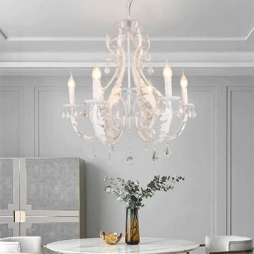 pure white, snowy, feather, candle, vintage, European, retro, chandelier, crystal pendant, princess, bedroom, round dining table, cafes, 