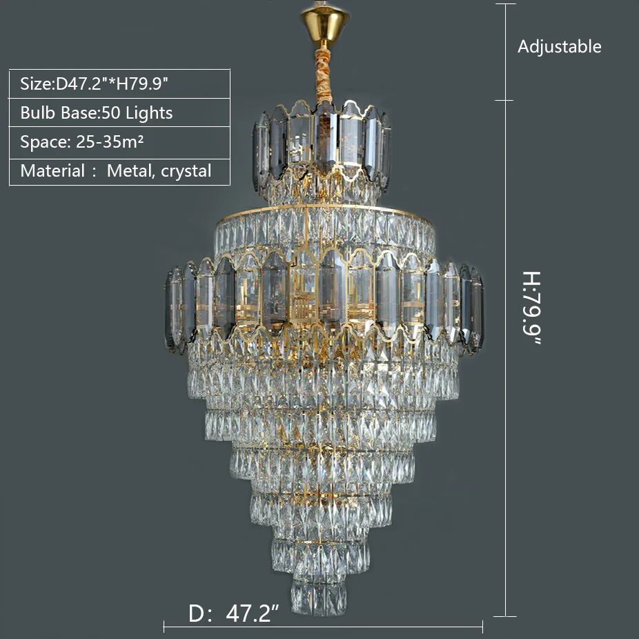 D47.2"*H79.9"/ 50 Lights extra large crystal 2-story foryer / high ceiling living room / big hallway/ hotel entryway light fixture luxury modern stunning golden chandelier