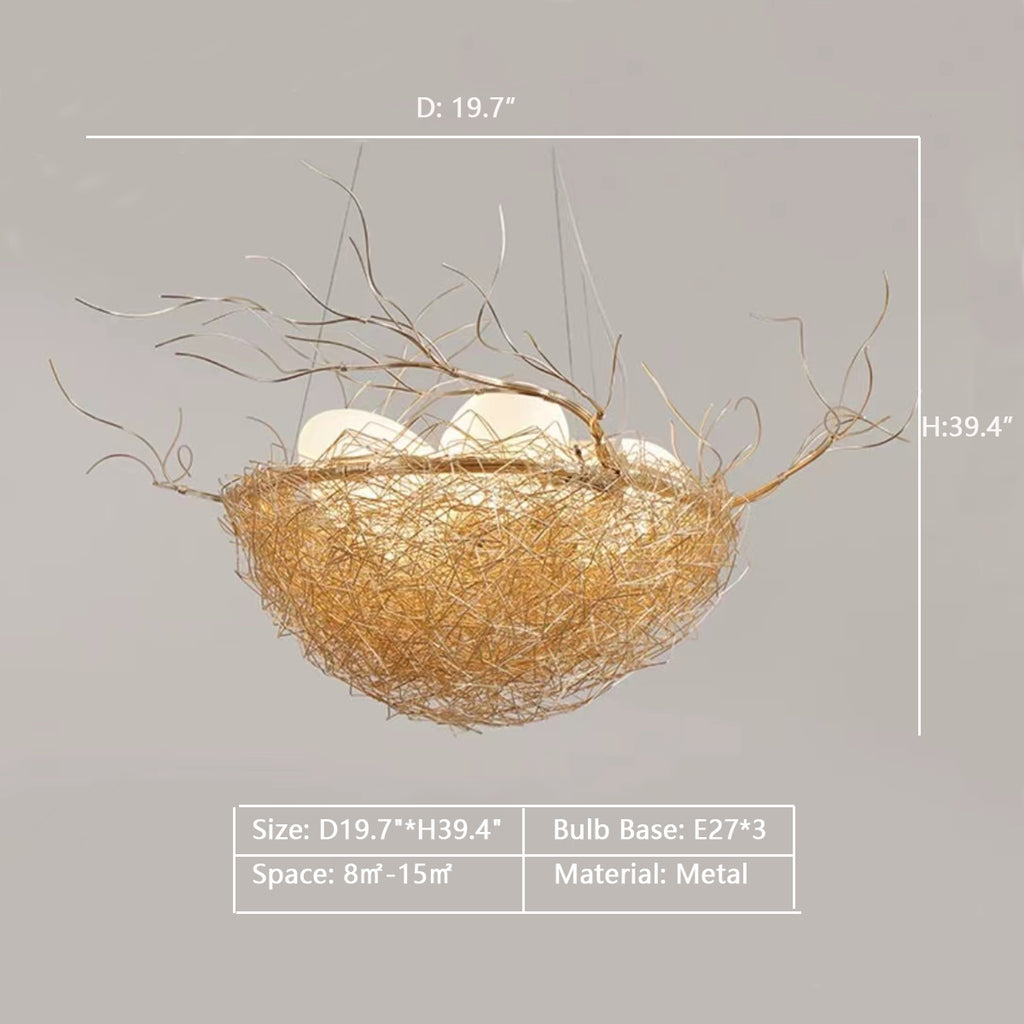 Single Nest:  D19.7"*H39.4"  hand-woven, creative, art, artistic, bird's nest, gold, pendant, natural, chandelier, living room, dining table, coffee table, bedroom, cafes, bar