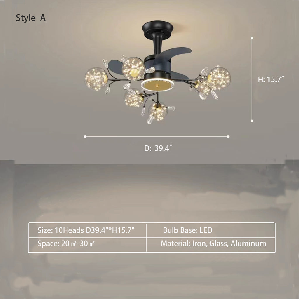 Style A: 10Heads D39.4"*H15.7"  3-Blade Branch Multi-Head Ceiling Fan Chandelier for Living/Dining Room  Iron, Glass, Aluminum  Four versions in total.  pure white and transparent starburst