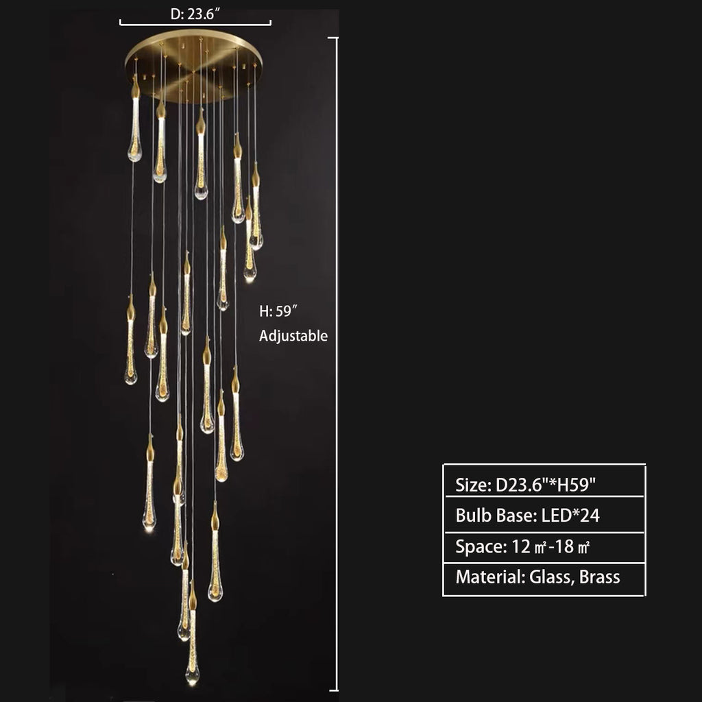  Round: D23.6"*H59" long, gold, glass, brass, raindrop, pendant, round, linear, rectangle, staircase, living room, kitchen island, bar, high-ceiling room