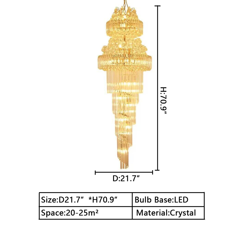 D21.7inches *H70.9inches Oversized/extra large gold crystal chandelier spin staircase/big foyer,hallway,entryway long light fixture multi-tiered crystal light for 2-story/duplex building/villa/hotel/loft