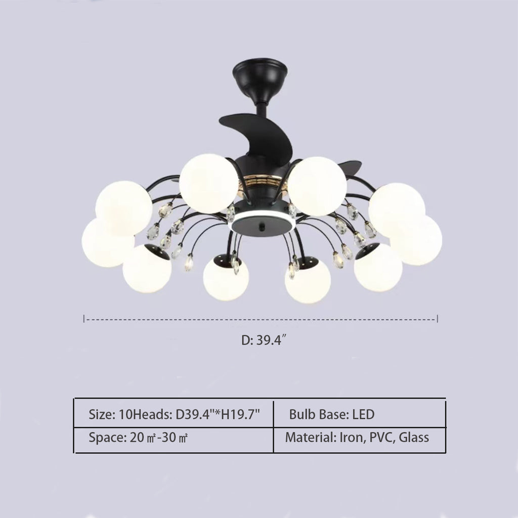 10Heads: D39.4"*H19.7"  3-Blade Branch Multi-Head Classic Black Fan Chandelier for Living/Dining Room   Iron, PVC, Glass   pure white and transparent starburst