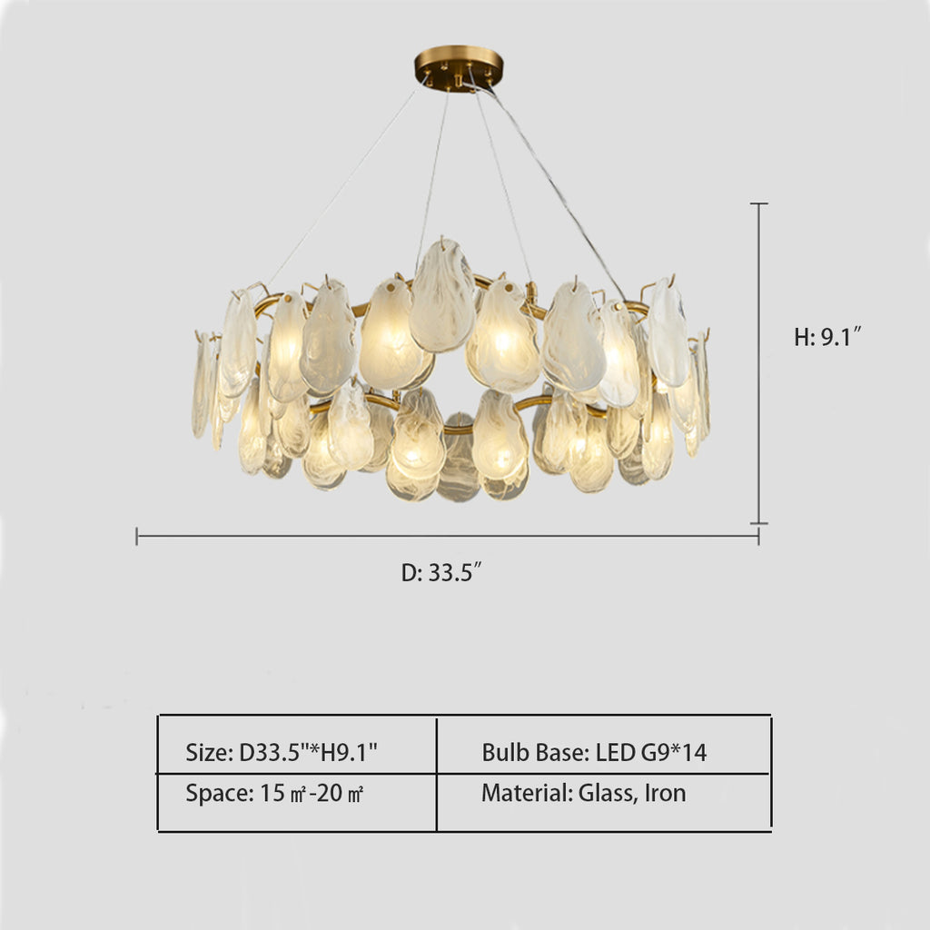 Round: D33.5"*H9.1"  Art Cloud Glass Shell Suspension Chandelier Suit for Living & Dining Room   Available in two versions of lampshades: white cloud and smoky gray. 