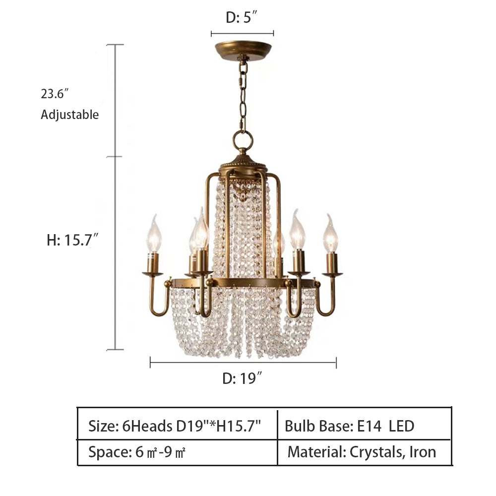 6Heads: D19"*H15.7"   Vintage Crystal Candle Chandelier in Old Gold Finish for Living/Dining Room/Bedroom  European Candle Brass Light Luxury Art Crystal Chandelier Traditional Retro Decorative 6/8/12 Lights For Dining Room/Living Room/Foyer