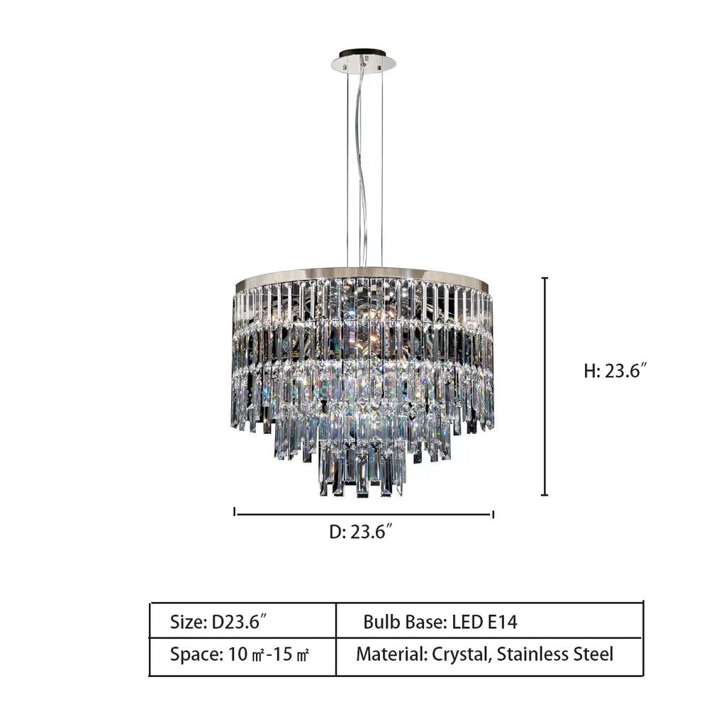 D 23.6"  Light Luxury Modern Fashion Tiered Crystal Pendant Chandelier for Living Room/Bedroom  Stainless Steel