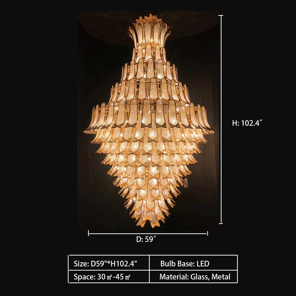 D59"*H102.4"  Sculptural Clear and Amber Murano Glass Petals or "Selle" Drop Chandelier, Italy   extra large, oversized, light luxury, gold, tiered, pendant, chandelier, for large space, high-ceiling room, two-story living room, loft, villa, duplex, hotel lobby
