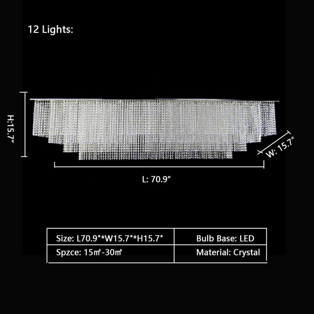 12Lights: L70.9"*W15.7"*H15.7"   rectangle, tiered, oversized, extra large, for large space, for long dining table, flush mount , chandelier, crystal