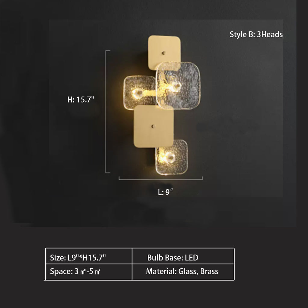 Style B: 3Heads L9"*H15.7"  Exquisite Glass Square Collection Wall Light in Brass Finish for Bedside/Living Room   Glass, Brass