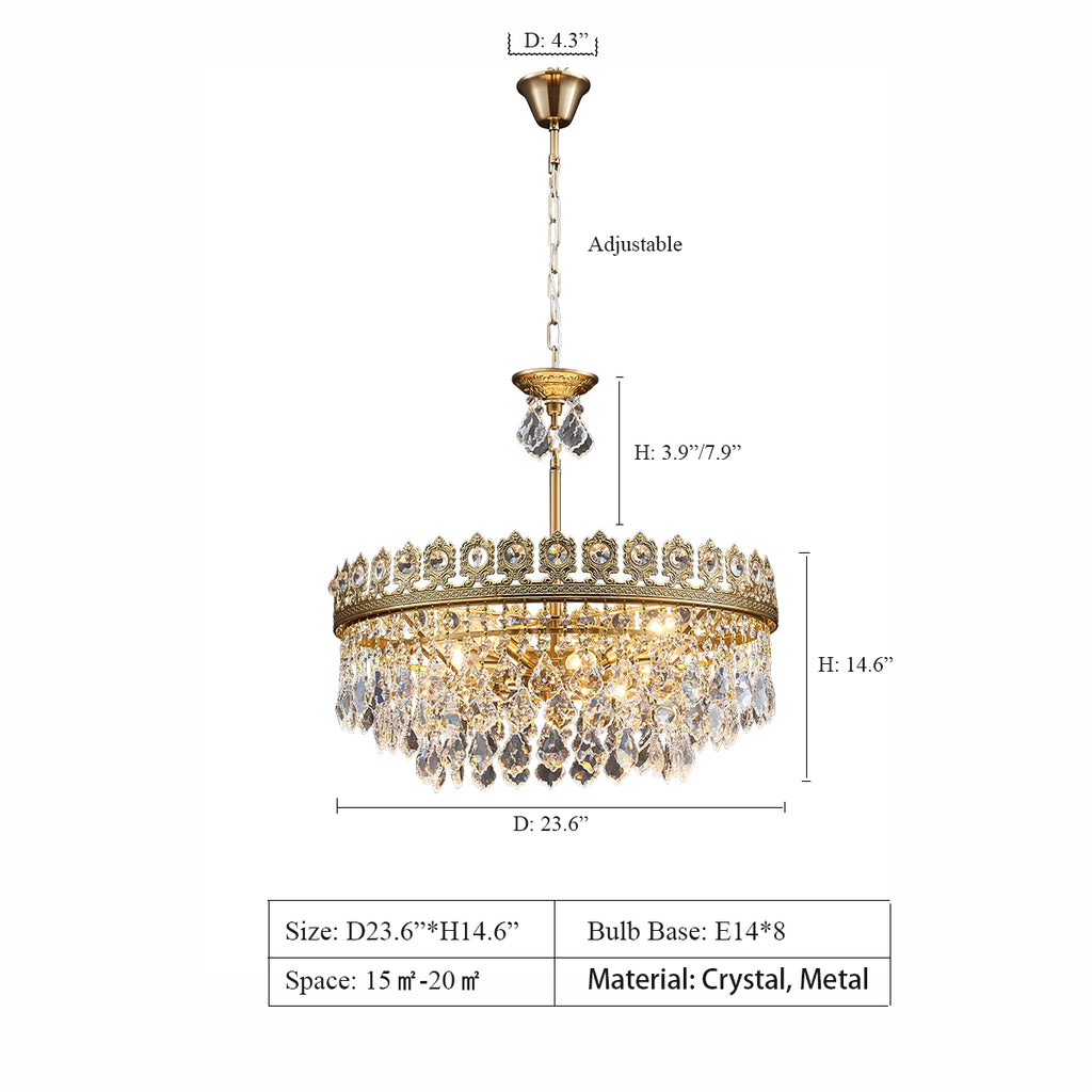 D23.6"*H14.6"  gold, crown, tiered, european, french, vintage, crystal, pendant, chandelier, living room, dining room, walk-in closets, foyer