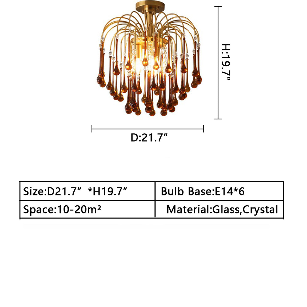 D21.7"*H19.7" 6LIGHTS American vintage brass teardrop glass crystal chandelier art branch light raindrop italian in Amber color finish copper light fixture for living room/dining room/bedroom/study/