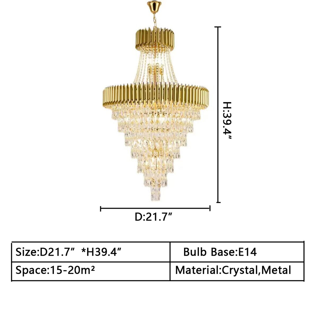 d21.7inches*h39.4inches Extra Large Multi-tiered Black/Gold Crystal Chandelier Modern Light Luxury Inverted Triangle Light Fixture For Living Room/Dining Room/Foyer ,hotel lobby/hallway ,2-story,duplex buidings ,villa