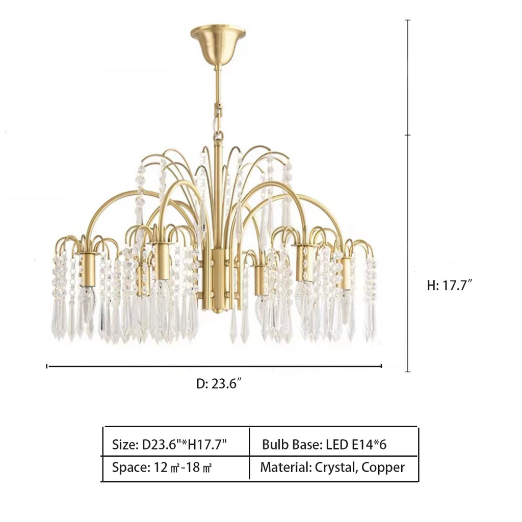 6Heads: D23.6"*H17.7" Brass Crystal Chandelier Lighting Modern Branches Chandeliers Ceiling Light   Light Luxury Pure Copuer Branch Candle Crystal Pendant Chandelier for Living/Dining Room