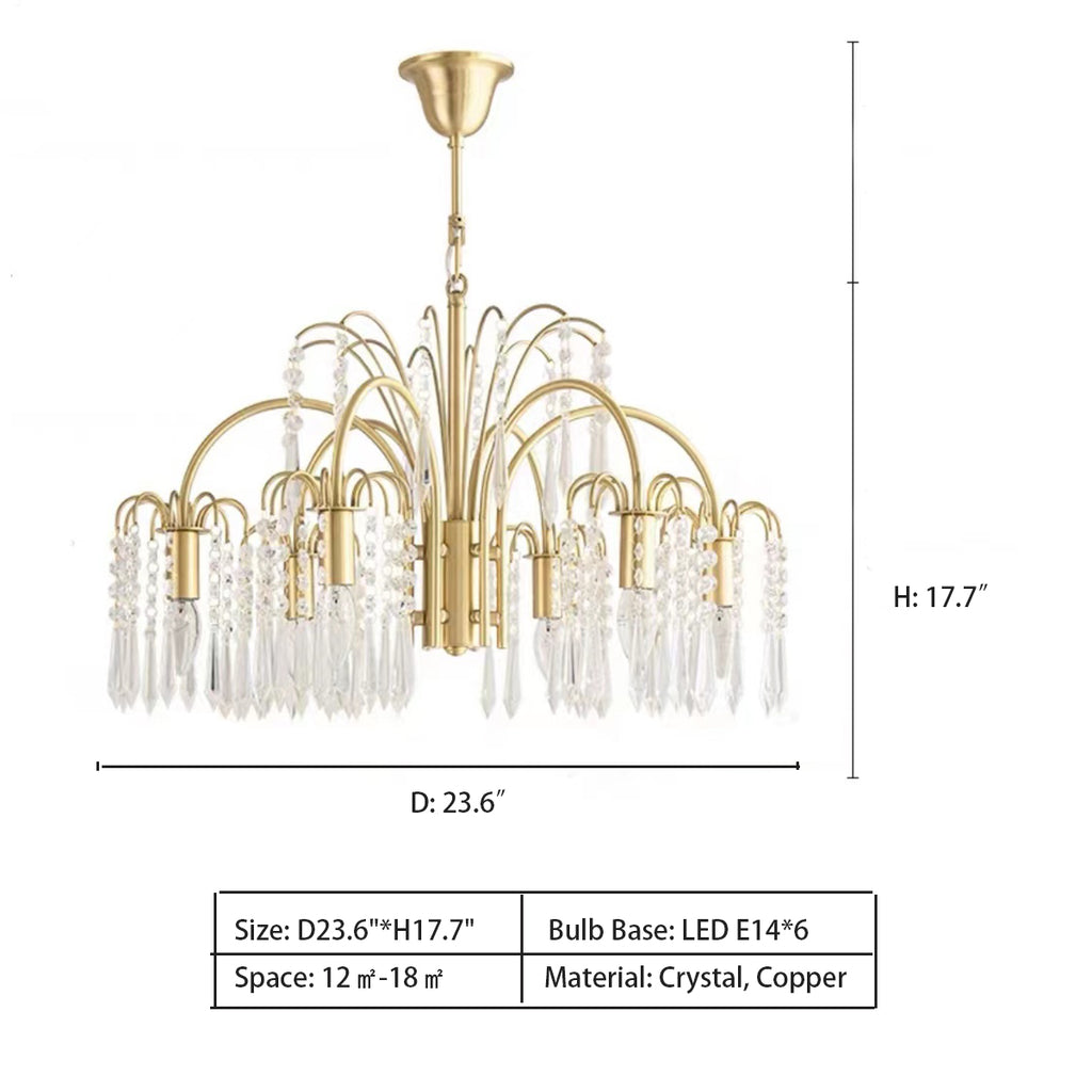 6Heads: D23.6"*H17.7" Brass Crystal Chandelier Lighting Modern Branches Chandeliers Ceiling Light   Light Luxury Pure Copuer Branch Candle Crystal Pendant Chandelier for Living/Dining Room