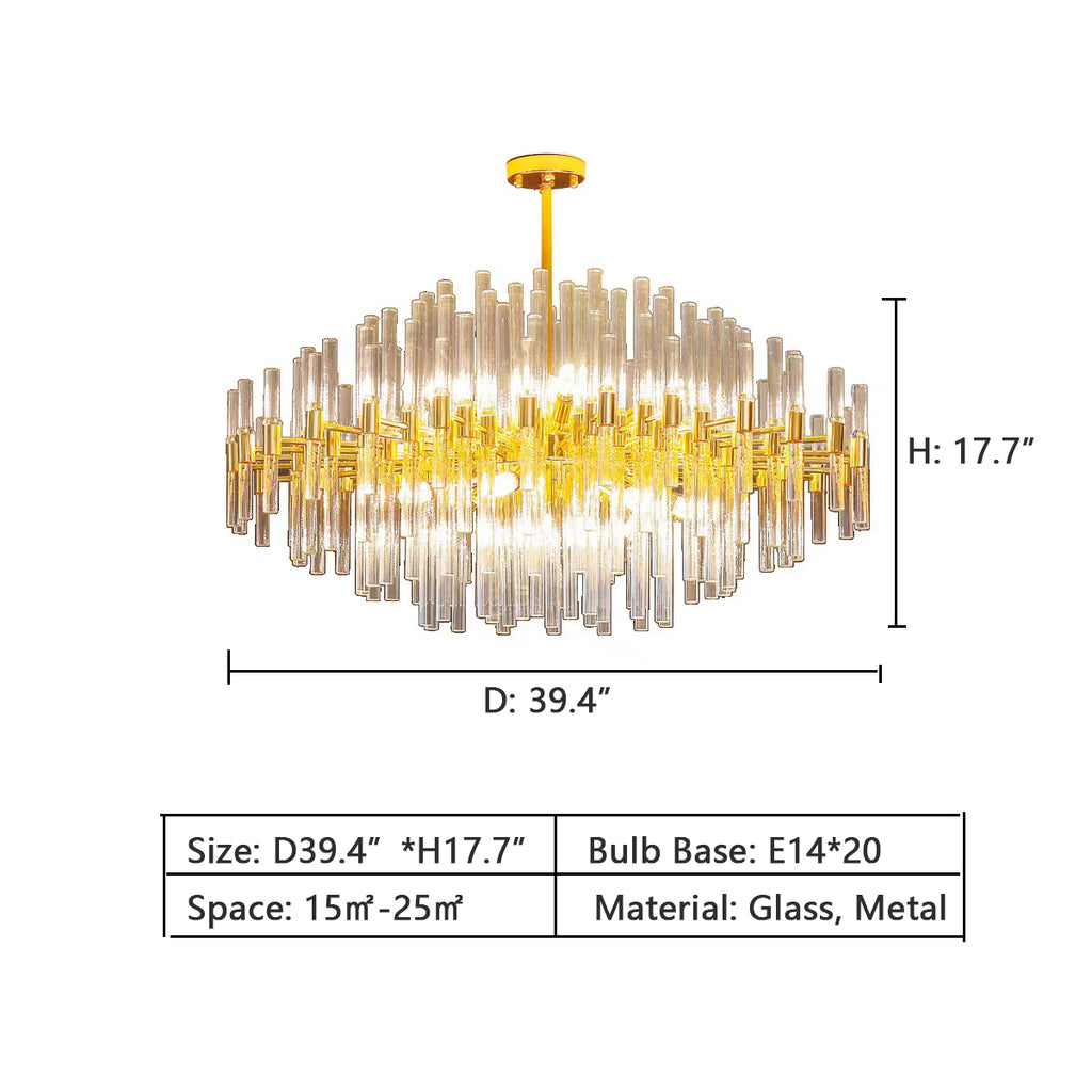 Round: D39.4"*H17.7"  modern, glass, rod, drum, tiered, chandelier, suit, round, oval, living room, dining room, bedroom, dining table