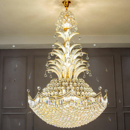 Large Luxury Sago Palm Tree Shape Golden Crystal Chandelier Unique Light Fixture for High Ceiling/ Foyer Staircase/ Duplex/ Villa Entryway